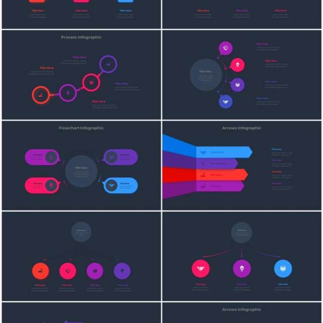 深色背景红色蓝色圆形结构图并列关系信息图表PPT元素素材Infographic Red Blue