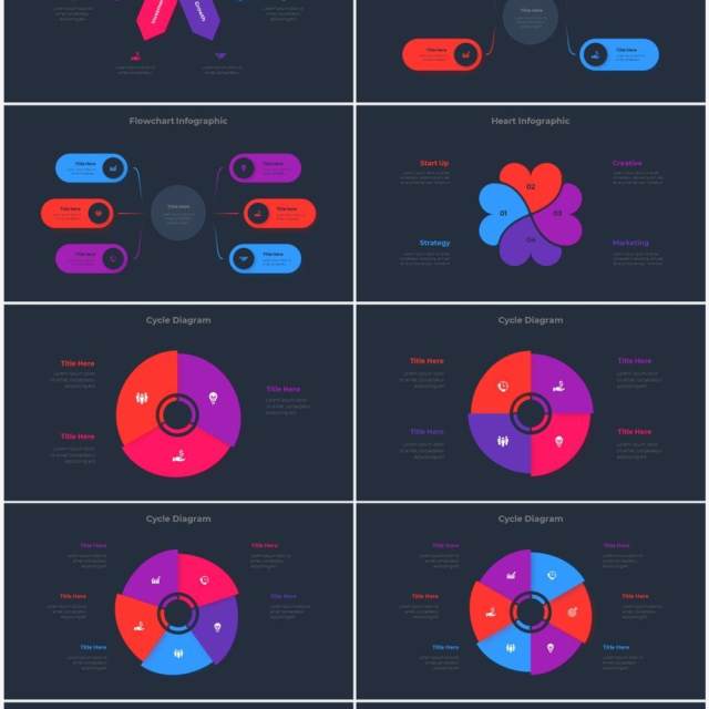 深色背景红色蓝色圆形结构图并列关系信息图表PPT元素素材Infographic Red Blue