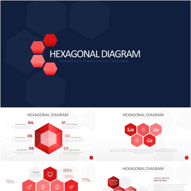 红色六边形信息图PPT模板素材Wide Red Hexagonal Infographic