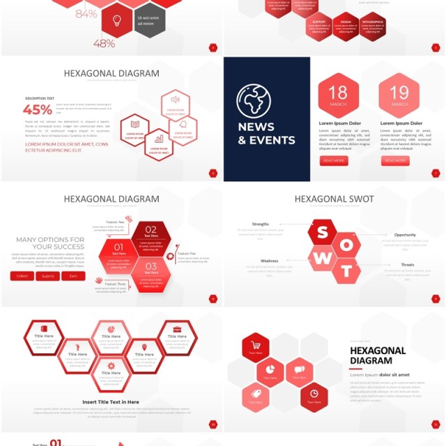 红色六边形信息图PPT模板素材Wide Red Hexagonal Infographic