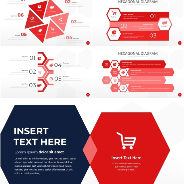 红色六边形信息图PPT模板素材Wide Red Hexagonal Infographic