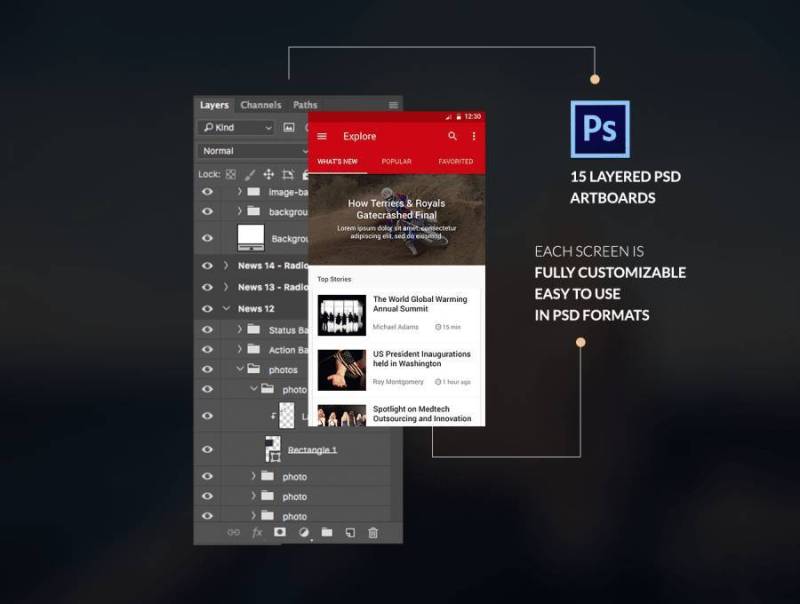 新闻和编辑UI工具包在Sketch＆Photoshop。，News＆Editorial UI KIT中设计