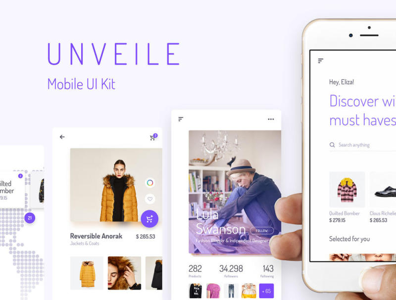 30屏幕电子商务，文章，社交iOS UI套件，揭开Fashion Mobile UI套件