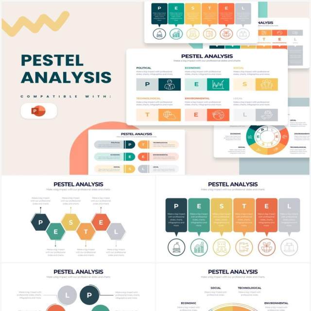 多彩PESTEL分析模型大环境分析PPT信息图形素材PESTEL Analysis Powerpoint Infographics