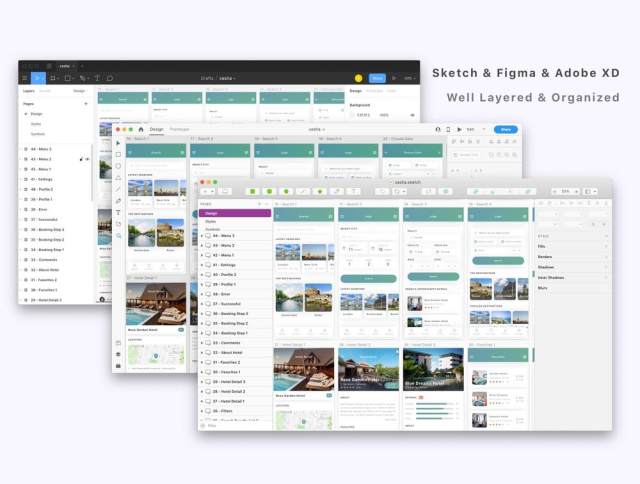 高品质的酒店预订应用程序UI套件设计草图及FIGMA和Adobe XD，Cesha  - 酒店预订及预订应用程序UI工具包