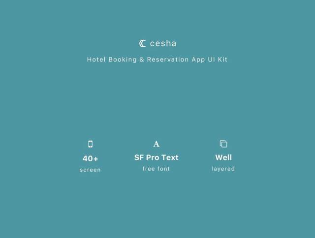 高品质的酒店预订应用程序UI套件设计草图及FIGMA和Adobe XD，Cesha  - 酒店预订及预订应用程序UI工具包