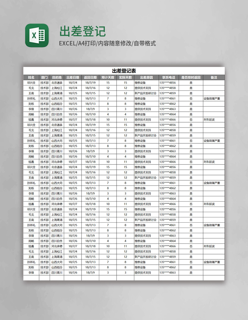 出差登记表Excel模板