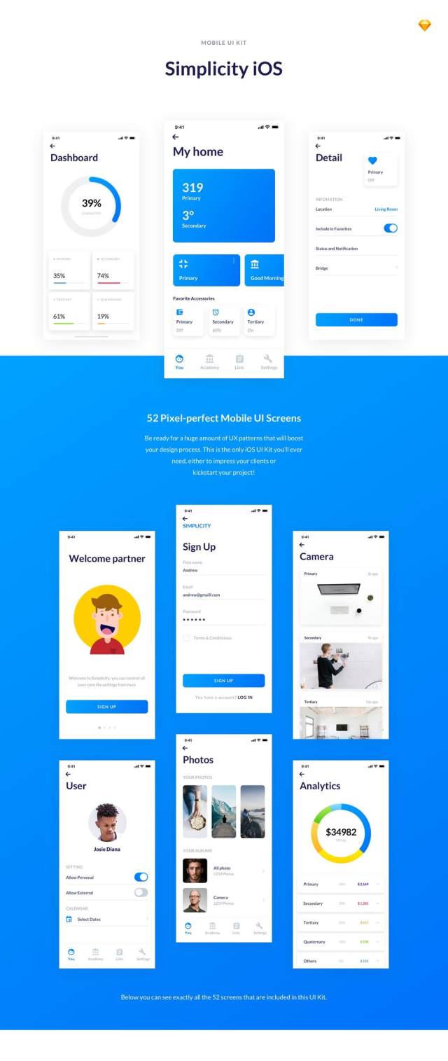 52个iOS UI屏幕专为Sketch。，Simplicity iOS设计