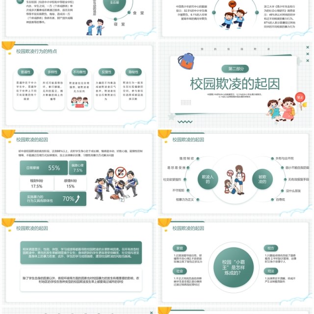 绿色卡通风预防校园欺凌班会PPT模板