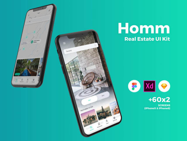 高品质的房地产移动应用程序UI套件专为素描，Adobe公司的XD和FIGMA，HOMM房地产UI工具包