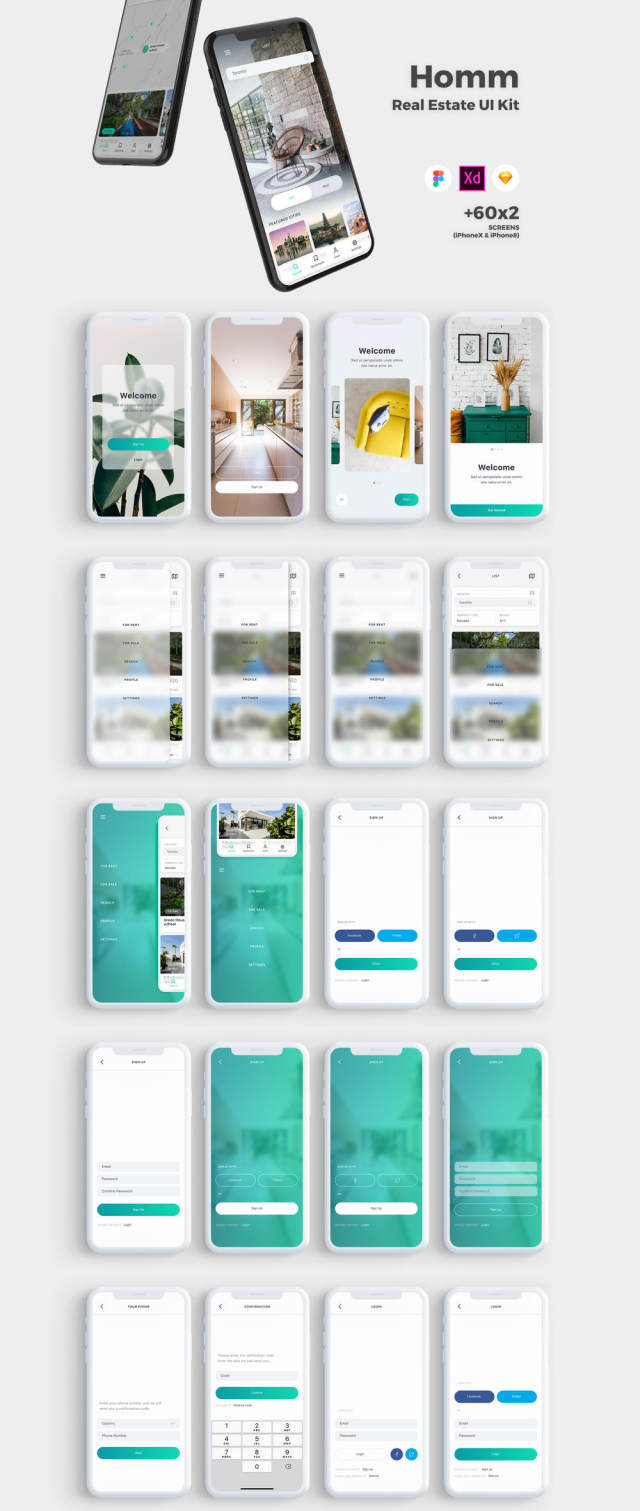 高品质的房地产移动应用程序UI套件专为素描，Adobe公司的XD和FIGMA，HOMM房地产UI工具包