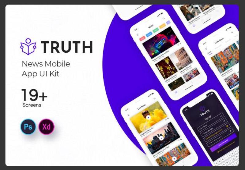 新闻事实移动应用程序用户界面素材设计工具包Truth News Mobile App UI Kit