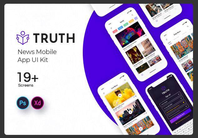 新闻事实移动应用程序用户界面素材设计工具包Truth News Mobile App UI Kit 新闻事实移动应用程序用户界面素材设计工具包Truth News Mobile App UI Kit