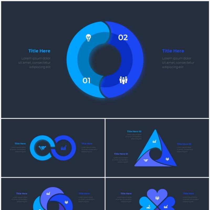 深色背景蓝色圆形循环关系时间轴PPT信息图表素材Infographic Blue