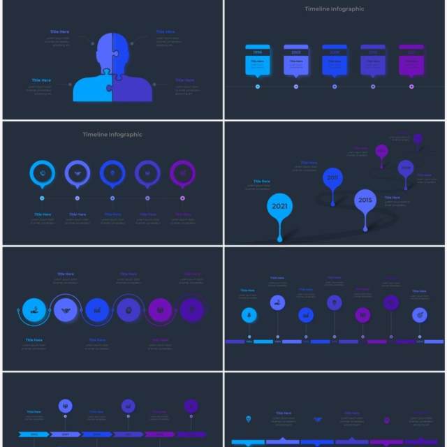 深色背景蓝色圆形循环关系时间轴PPT信息图表素材Infographic Blue