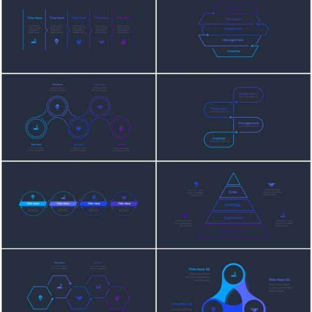 深色背景蓝色圆形循环关系时间轴PPT信息图表素材Infographic Blue