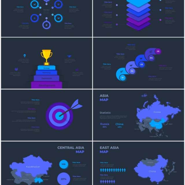 深色背景蓝色圆形循环关系时间轴PPT信息图表素材Infographic Blue