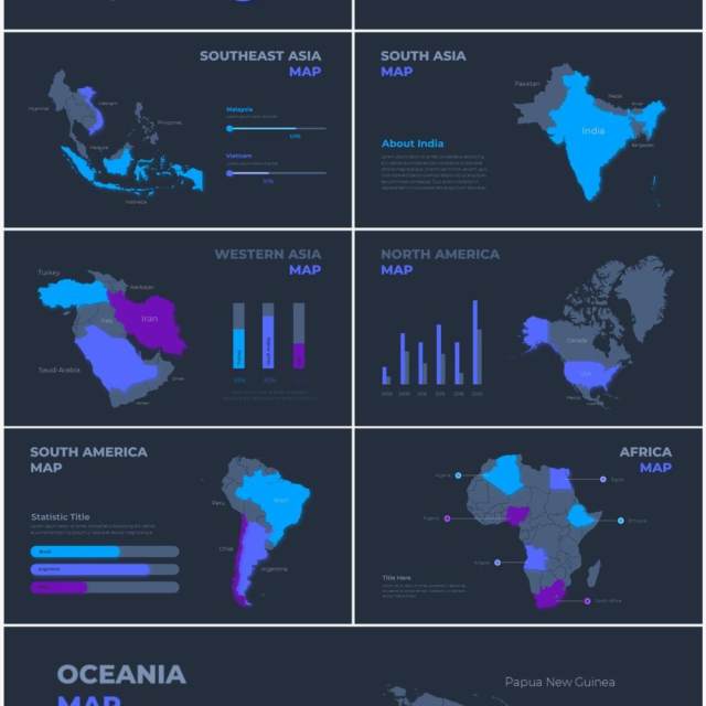 深色背景蓝色圆形循环关系时间轴PPT信息图表素材Infographic Blue