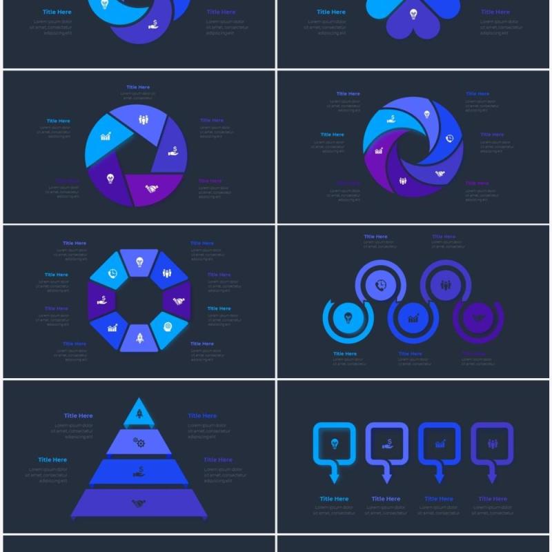 深色背景蓝色圆形循环关系时间轴PPT信息图表素材Infographic Blue