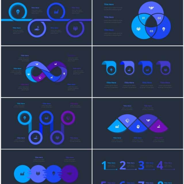 深色背景蓝色圆形循环关系时间轴PPT信息图表素材Infographic Blue