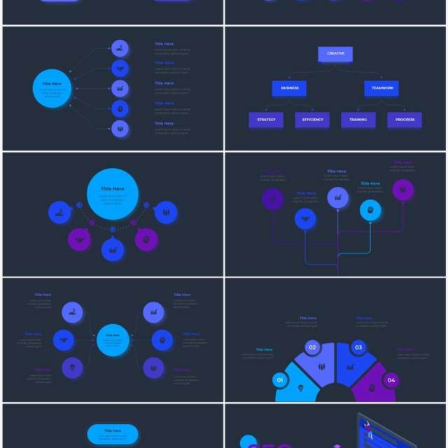 深色背景蓝色圆形循环关系时间轴PPT信息图表素材Infographic Blue