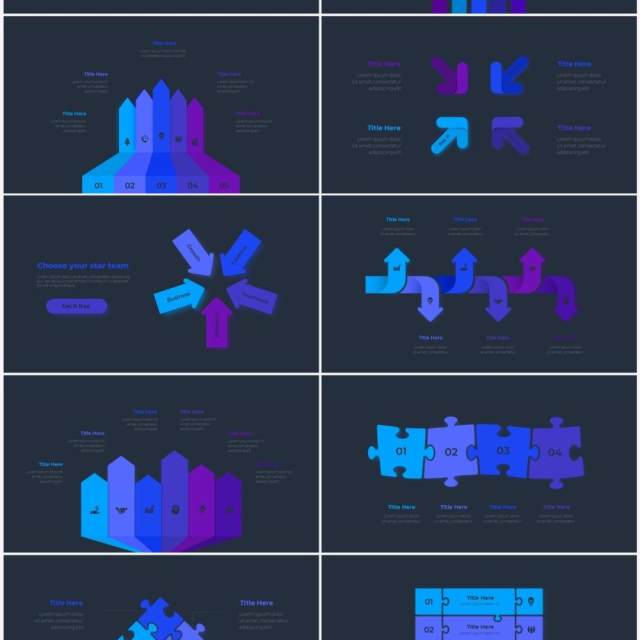 深色背景蓝色圆形循环关系时间轴PPT信息图表素材Infographic Blue