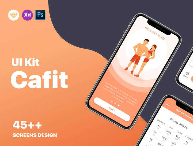 适用于Sketch,XD和Photoshop的健身和锻炼训练应用UI套件。,Cafit锻炼UI套件 适用于Sketch,XD和Photoshop的健身和锻炼训练应用UI套件。,Cafit锻炼UI套件