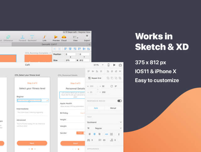 适用于Sketch,XD和Photoshop的健身和锻炼训练应用UI套件。,Cafit锻炼UI套件 适用于Sketch,XD和Photoshop的健身和锻炼训练应用UI套件。,Cafit锻炼UI套件