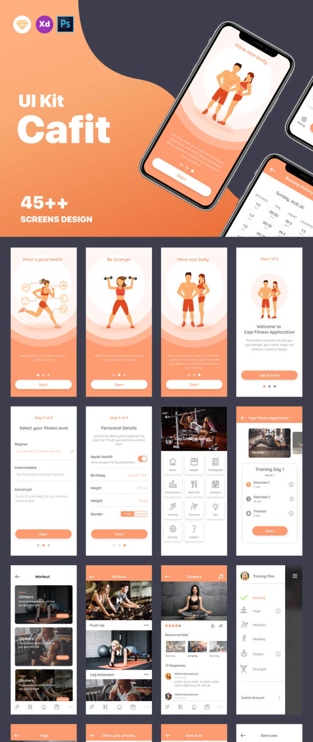 适用于Sketch,XD和Photoshop的健身和锻炼训练应用UI套件。,Cafit锻炼UI套件 适用于Sketch,XD和Photoshop的健身和锻炼训练应用UI套件。,Cafit锻炼UI套件