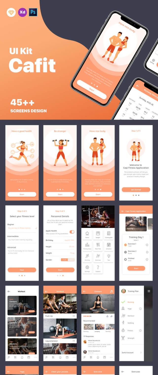 适用于Sketch，XD和Photoshop的健身和锻炼训练应用UI套件。，Cafit锻炼UI套件