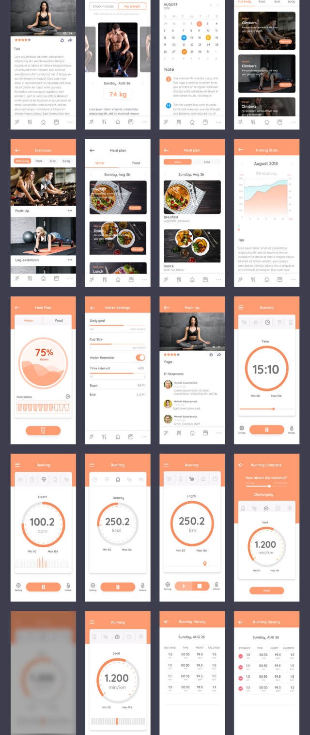 适用于Sketch,XD和Photoshop的健身和锻炼训练应用UI套件。,Cafit锻炼UI套件 适用于Sketch,XD和Photoshop的健身和锻炼训练应用UI套件。,Cafit锻炼UI套件