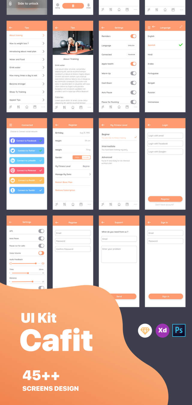 适用于Sketch,XD和Photoshop的健身和锻炼训练应用UI套件。,Cafit锻炼UI套件 适用于Sketch,XD和Photoshop的健身和锻炼训练应用UI套件。,Cafit锻炼UI套件