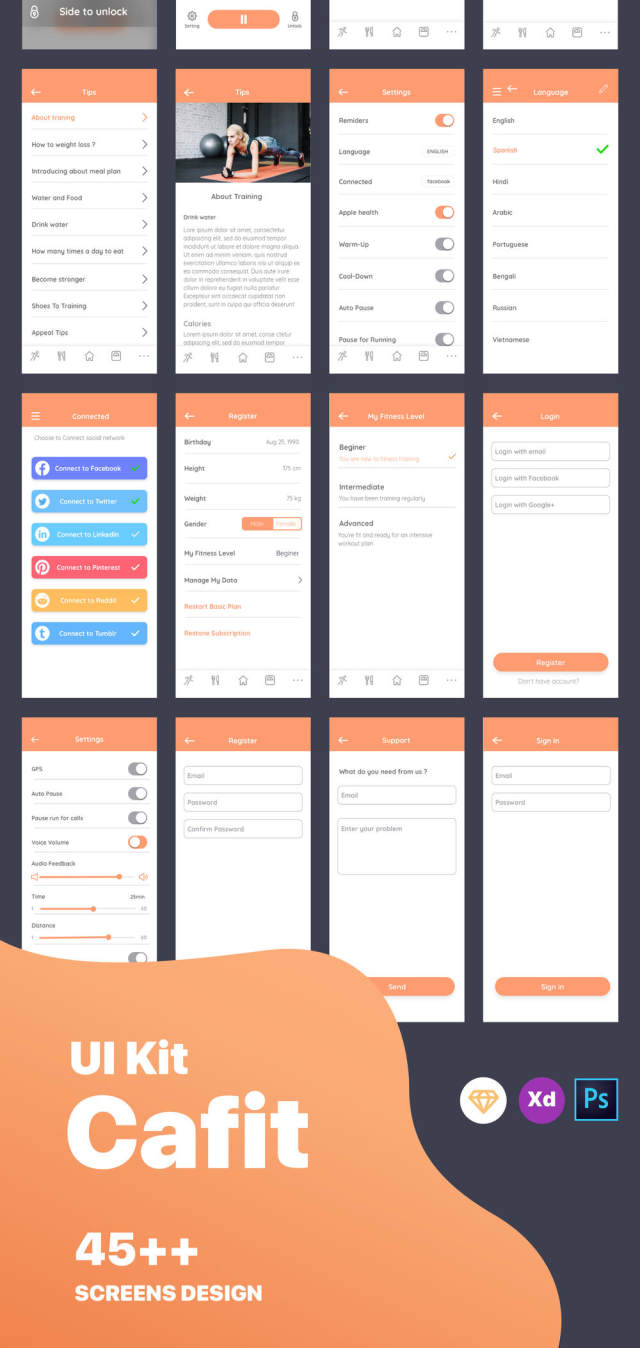 适用于Sketch，XD和Photoshop的健身和锻炼训练应用UI套件。，Cafit锻炼UI套件