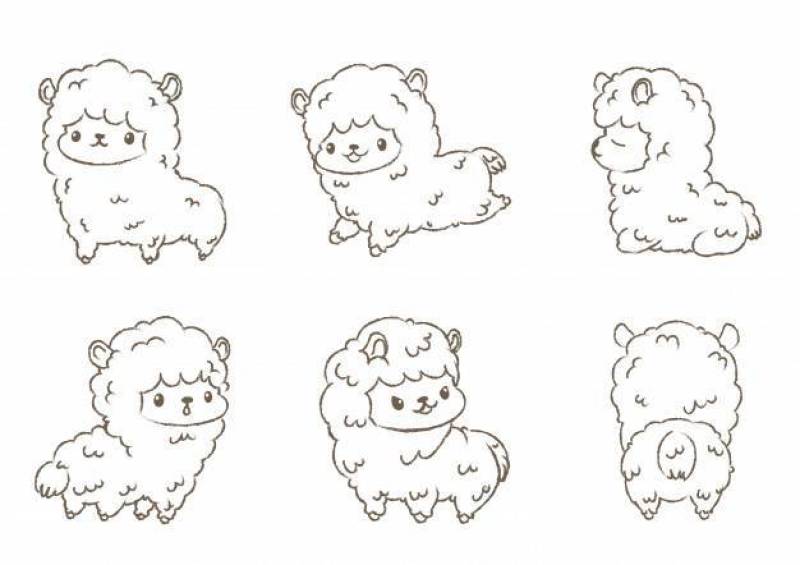 Set of Hand-drawn Outline alpacas.