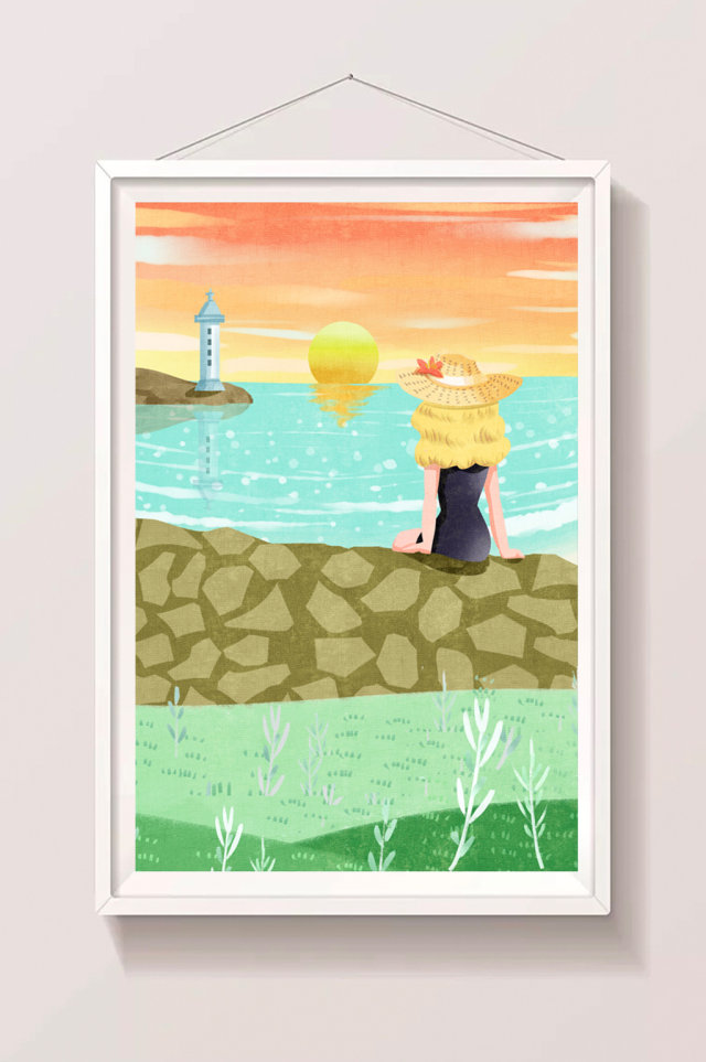 唯美清新黄色卡通女性海边看日出插画 唯美清新黄色卡通女性海边看日出插画