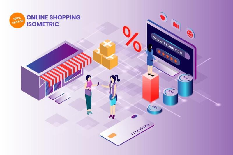 线上电商购物2.5D等距插画AI矢量素材Isometric online shopping vector illustration