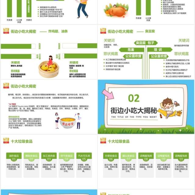 绿色卡通中小学生食品安全教育培训主题班会通用PPT模板