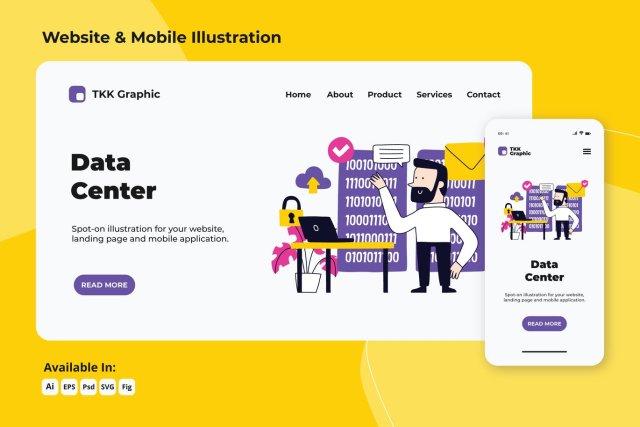 数据中心web和移动界面设计AI插画素材PSD模板Data Center web and mobile designs