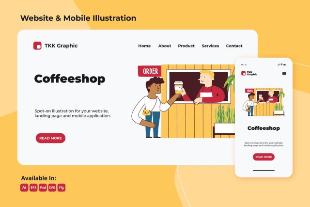 咖啡厅商务网站与手机界面设计矢量插画素材Coffee shop business web and mobile design 咖啡厅商务网站与手机界面设计矢量插画素材Coffee shop business web and mobile design