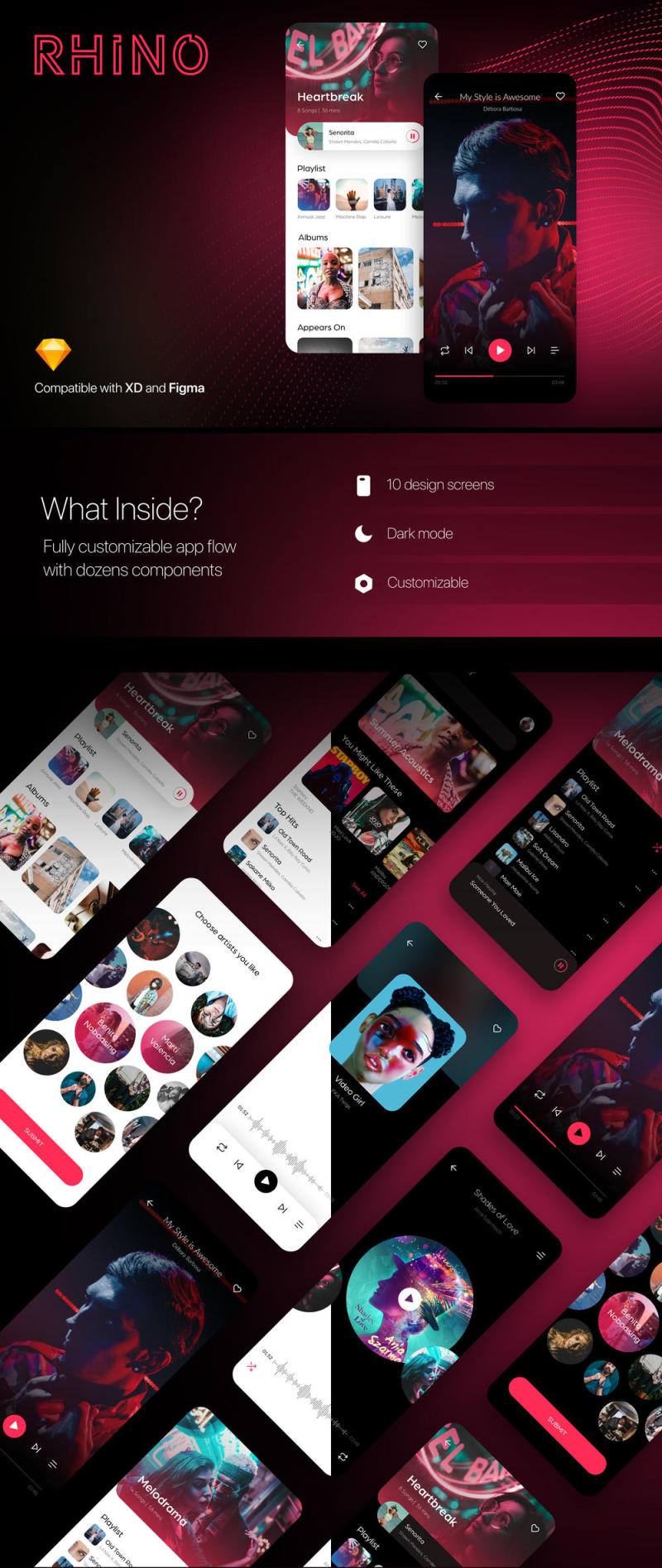 音乐应用程序的屏幕，黑暗与光的主题UI套件，犀牛UI工具包