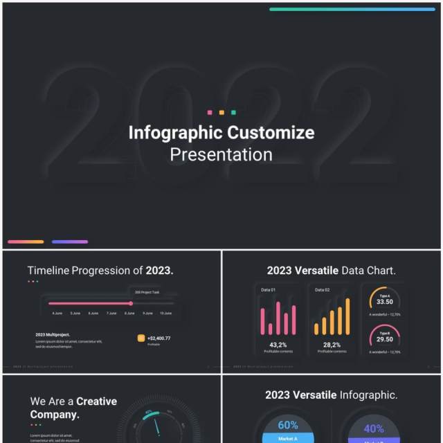 深色创意国外信息图形图表PPT模板幻灯片演示2023 Versatile Infographic Custom Dark