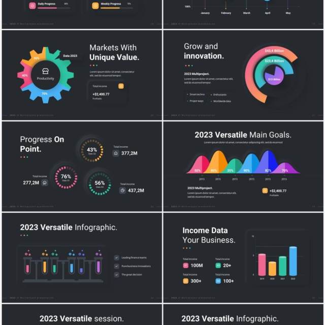 深色创意国外信息图形图表PPT模板幻灯片演示2023 Versatile Infographic Custom Dark