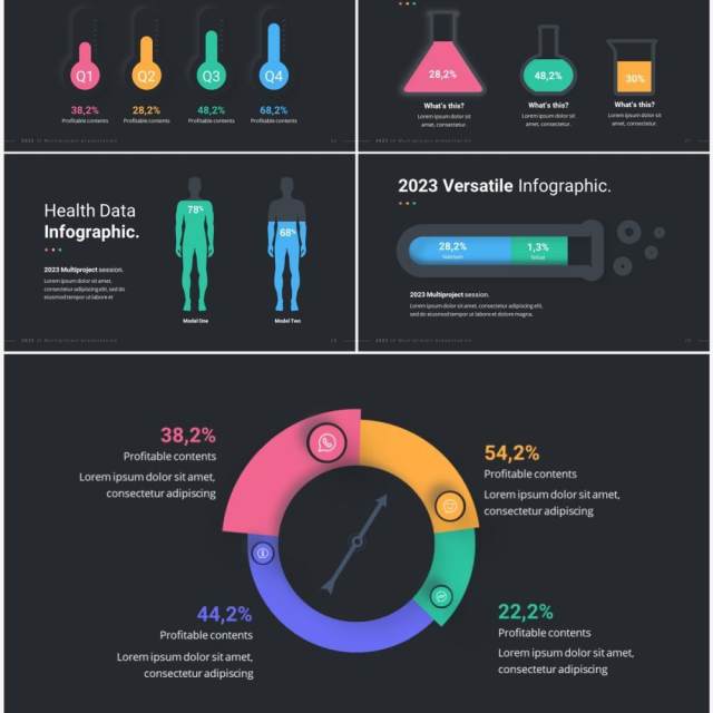 深色创意国外信息图形图表PPT模板幻灯片演示2023 Versatile Infographic Custom Dark