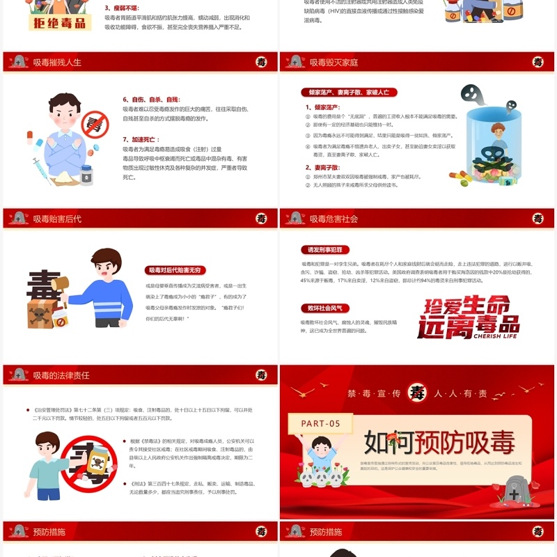 红色卡通风识毒防毒拒毒禁毒宣传教育PPT模板