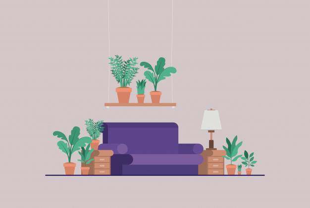 客厅与室内盆栽植物和灯