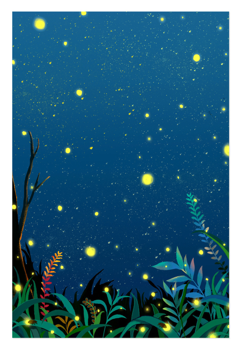 梦幻手绘萤火虫晚安图