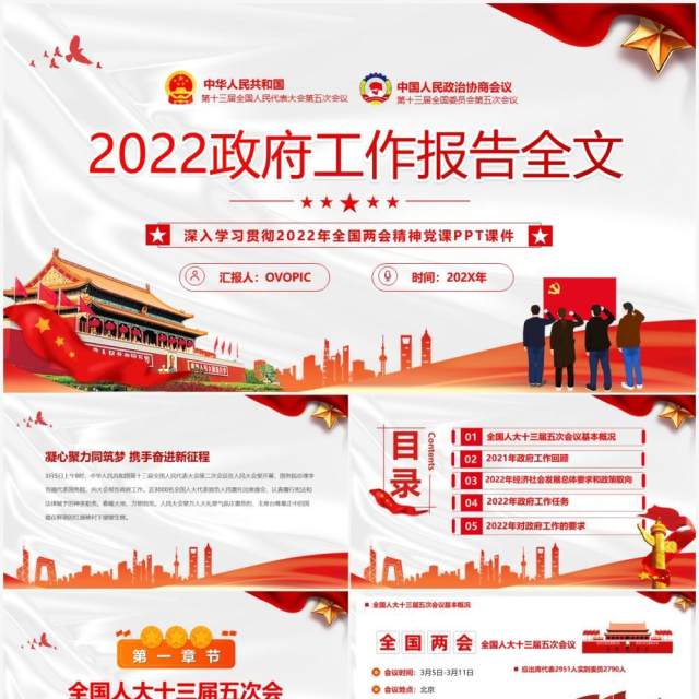 红色简约党政风2022政府工作报告全文PPT模板 红色简约党政风2022政府工作报告全文PPT模板