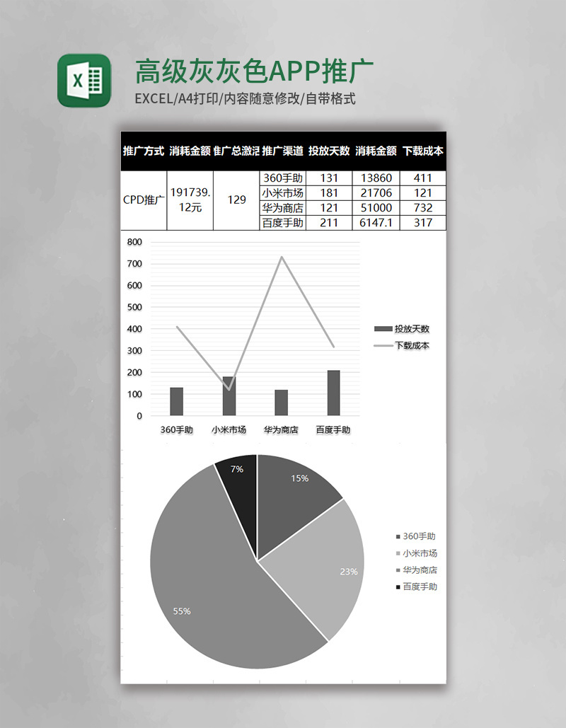 高级灰灰色APP推广excel表模板