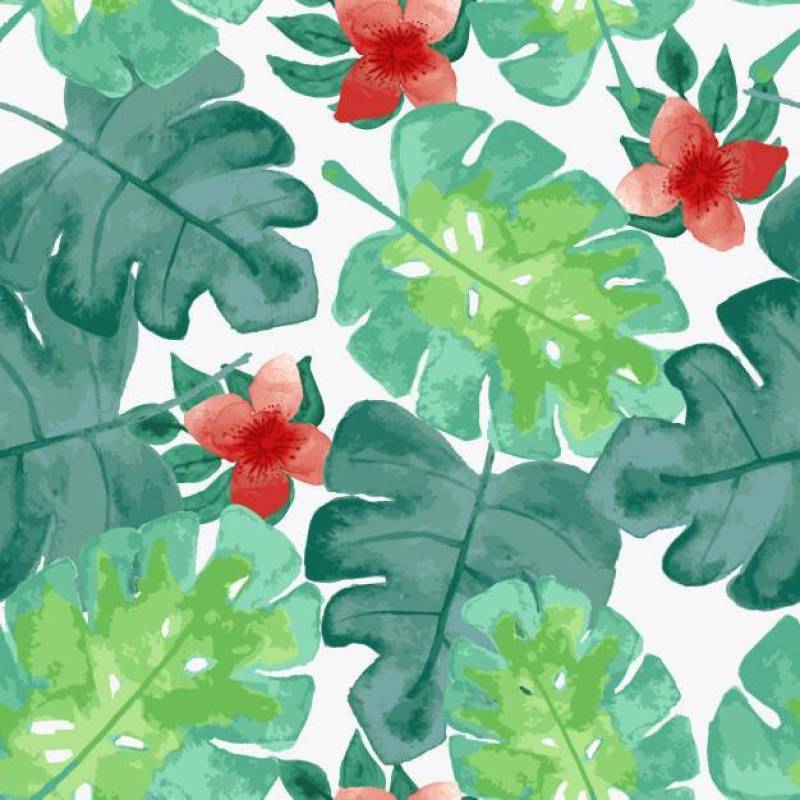 Watercolor tropical leaves pattern with red flowers
