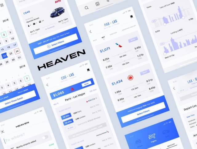 适用于iPhone X的航班和租车App UI套件，采用Sketch。，Heaven Mobile UI Kit设计